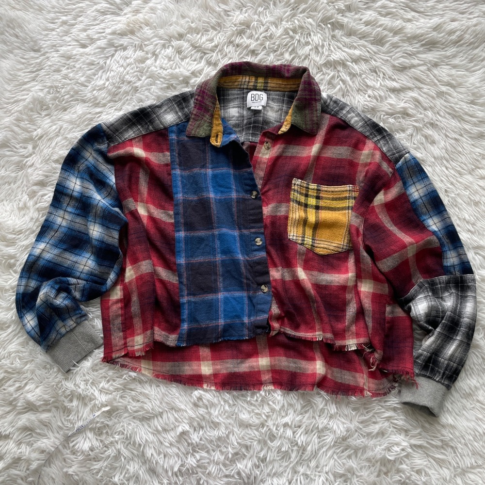 BDG Urban Outfitters Patchwork Plaid Flannel Cropped Raw Hem Button Down Shirt